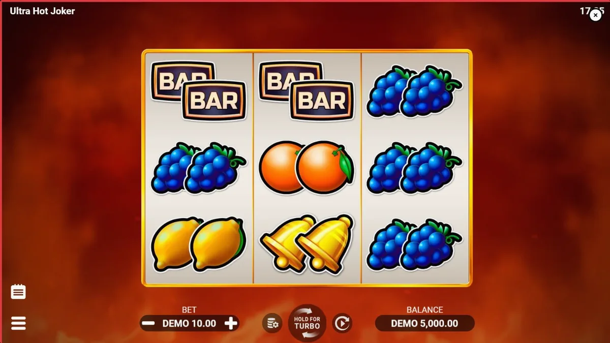 Interface do jogo Ultra Hot Joker com símbolos de frutas e fogo
