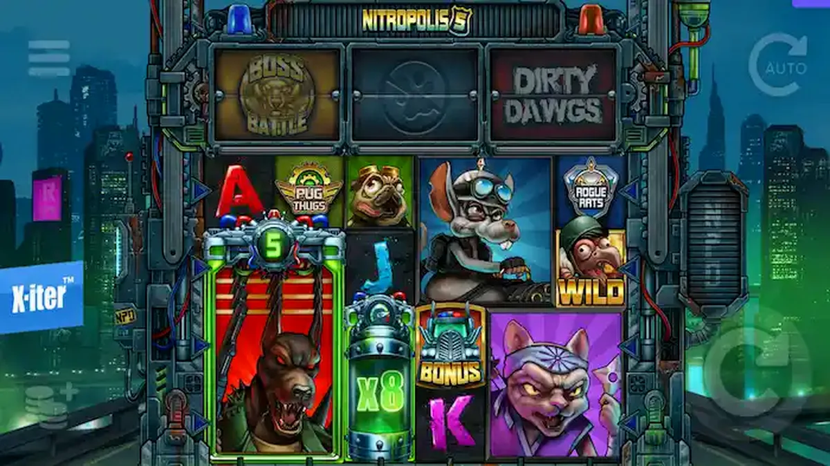 Nitropolis 5 slot machine interface com tema de guerra urbana